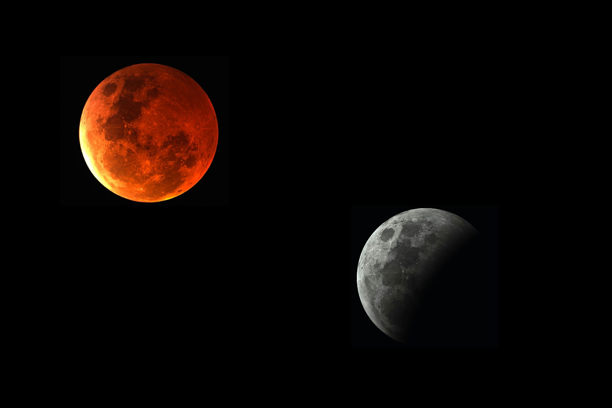 A red moon and a moon in partial eclipse.